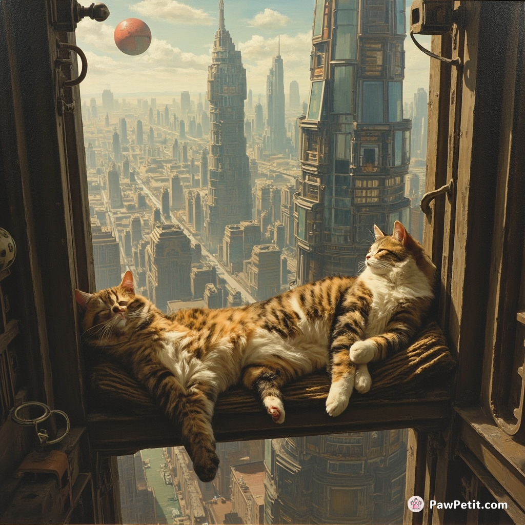 In this chaotic future, cats leisurely nap in state-of-the-art skyscrapers overseeing their human workforce below.