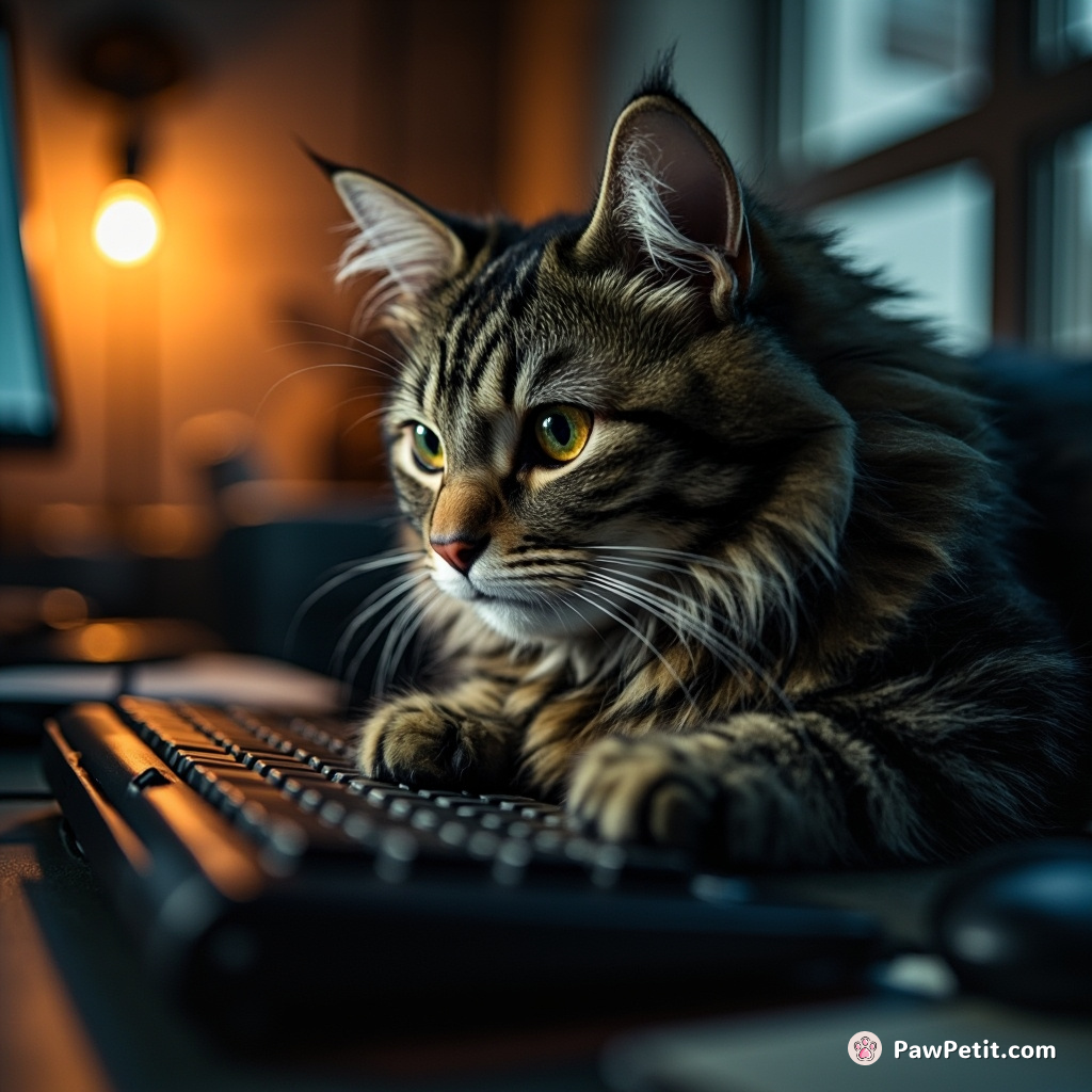A cat solemnly practices typing at a keyboard, pretending to work from home with intense concentration.