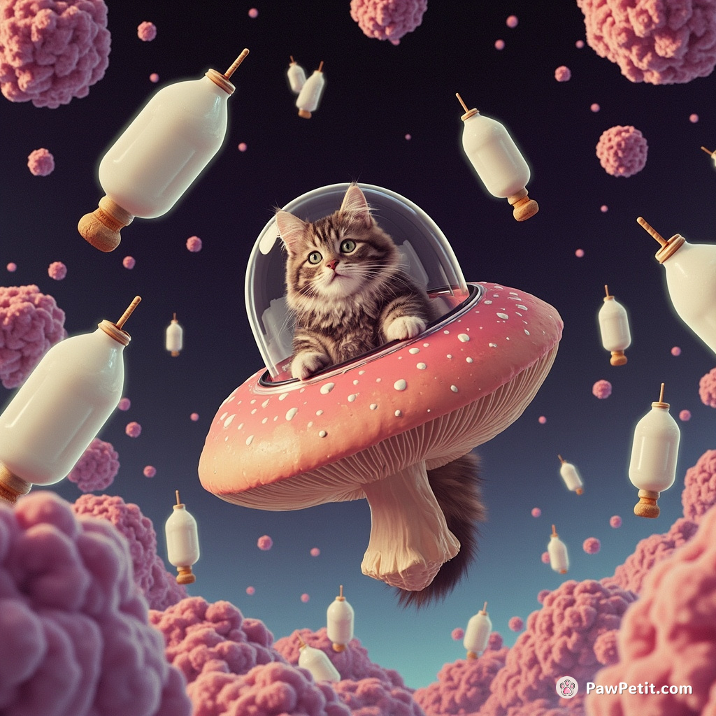 A cat piloting a floating mushroom, navigating through an asteroid belt made of fish and milk bottles.