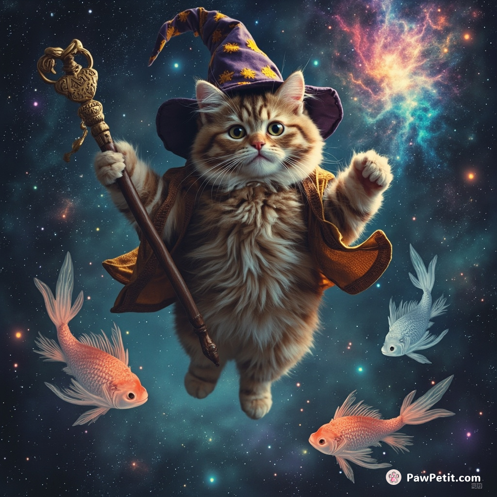 A floating pointy-hat wizard cat conjuring multicolored nebulae from a rune-etched staff, pursued by space-time fish amidst a cosmic lane of candy cosmos.