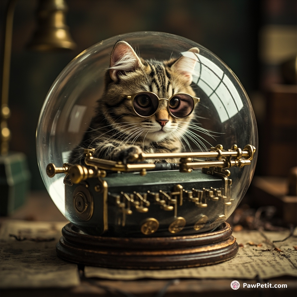 Steampunk cat designing encrypted messages on an antique typewriter inside a moving glass sphere.