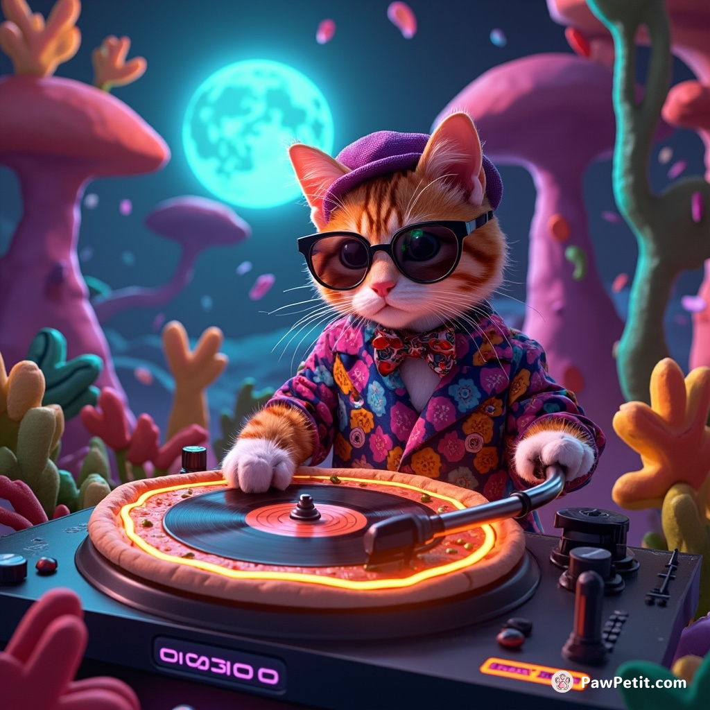 A flamboyantly dressed cat DJ playing tunes on a pizza turntable under a full moon in an alien jungle.