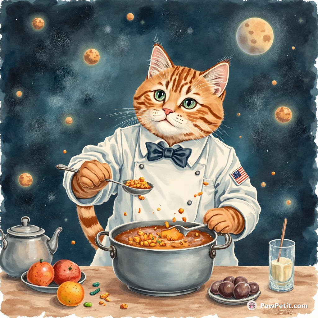 Giant cat chef performing a cooking show in space with meteors as ingredients.