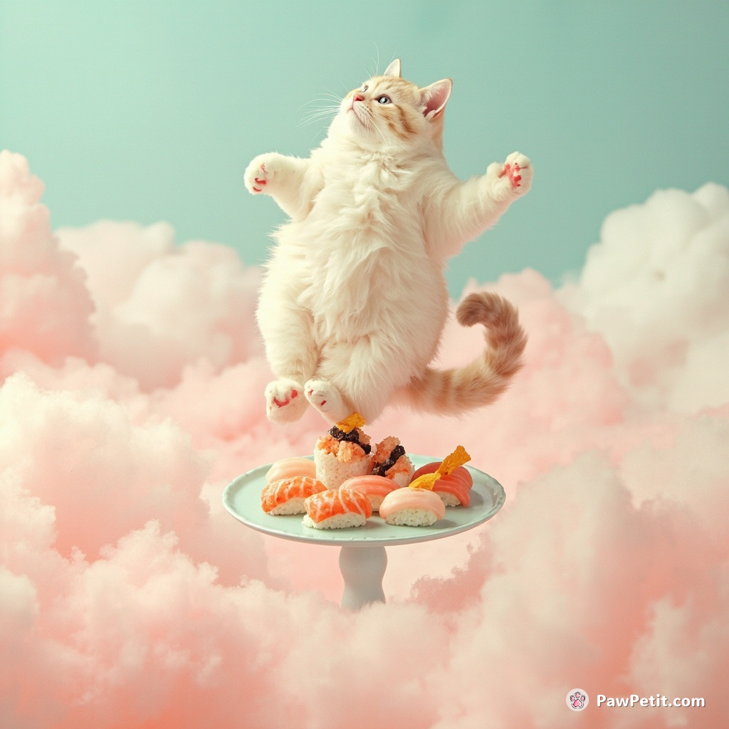 A mammoth-sized cat balancing delicately atop floating sushi rolls amidst a cotton candy storm.