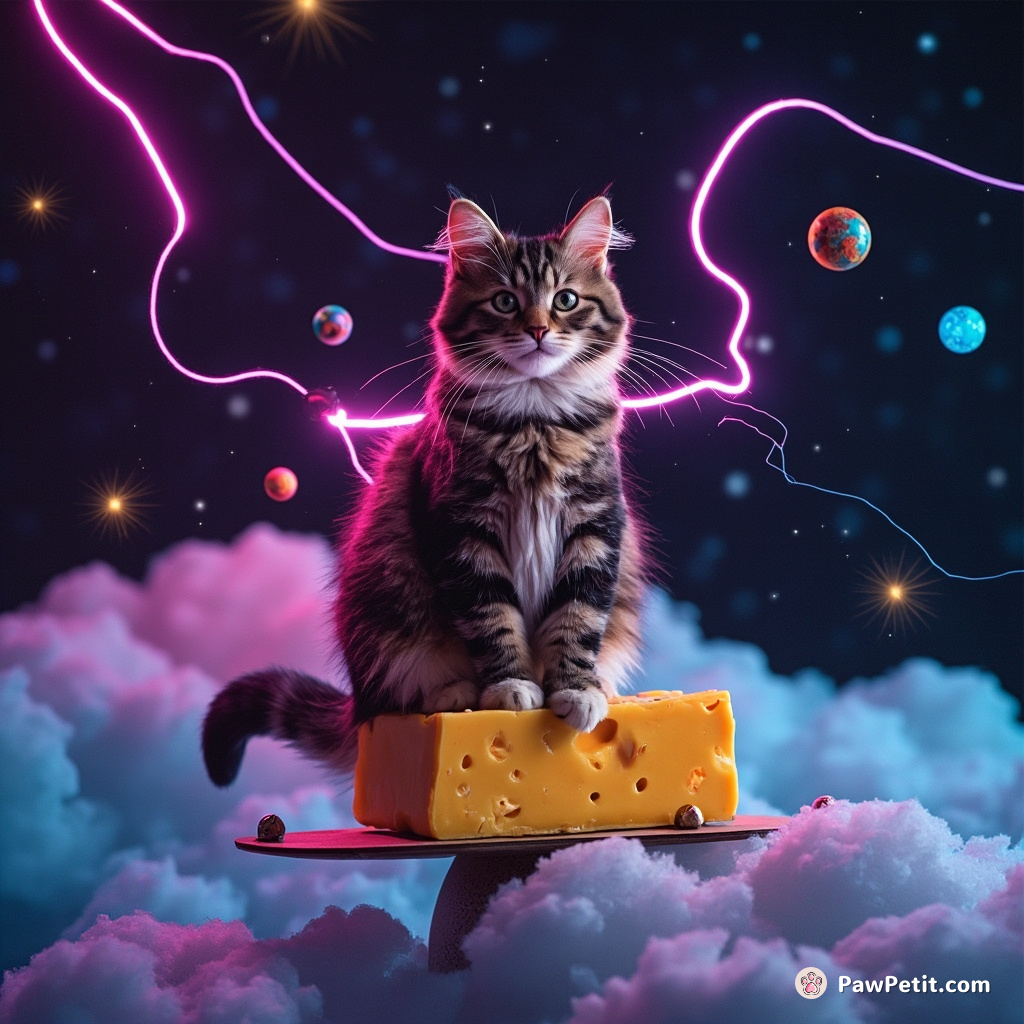 A tabby cat knitting a universe with strings of starlight while balancing on a yacht made of Swiss cheese in the Milky Year.