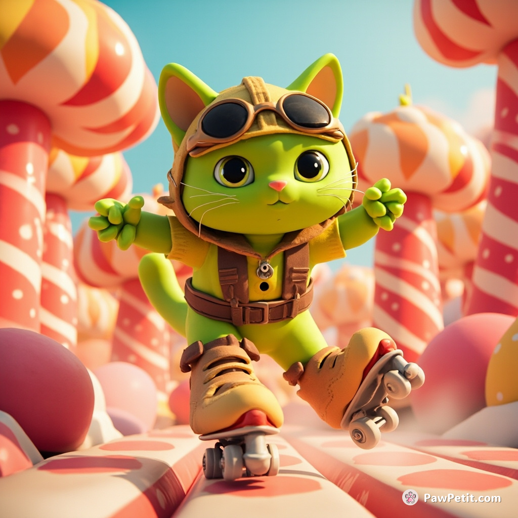 A lime green cat wearing a vintage aviator outfit, speeding through a bright candy-cane forest on a roller-skate made of sandwiches.