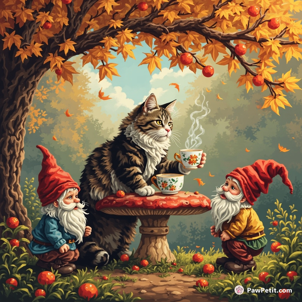 A Victorian-style cat serving tea to garden gnomes on a mushroom table under a crab apple tree in autumn.