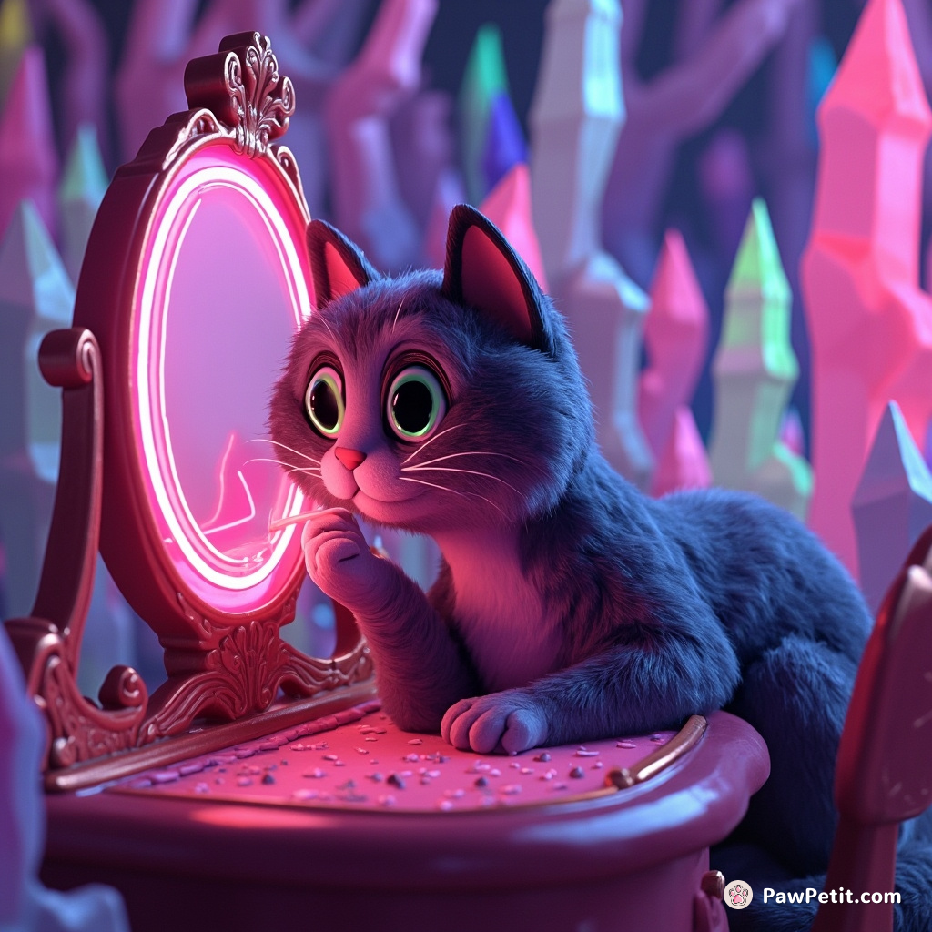 Cat leaned over a Victorian vanity, carefully applying neon lipstick in a crystal forest.