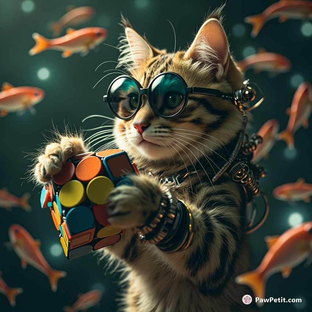 A cybernetic steampunk cat trying to solve a Rubik's cube in zero gravity, surrounded by floating fish-shaped gears.