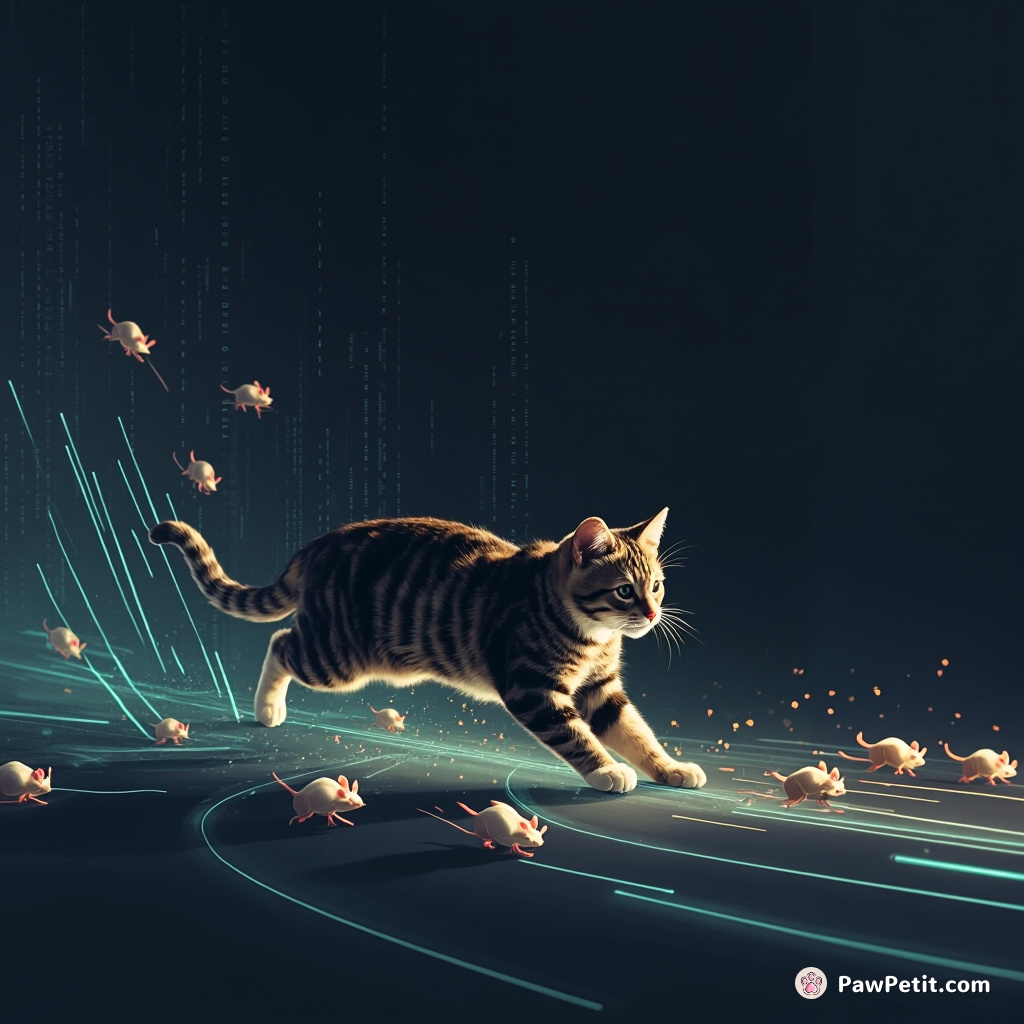 The cat weaves through glowing data streams, pouncing on binary mice with pixelated agility.