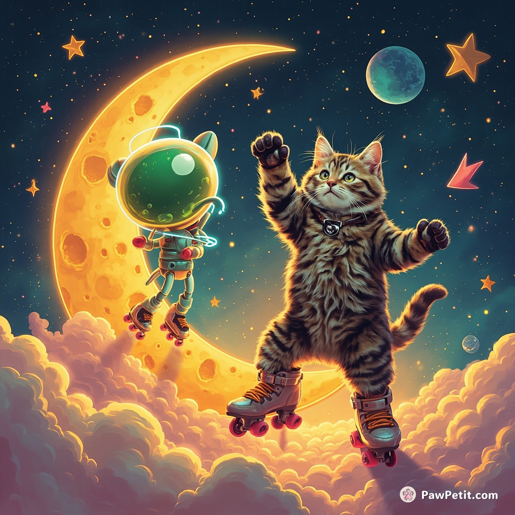 Cat high fiving an extraterrestrial on a cheese moon, wearing neon rollerblades.