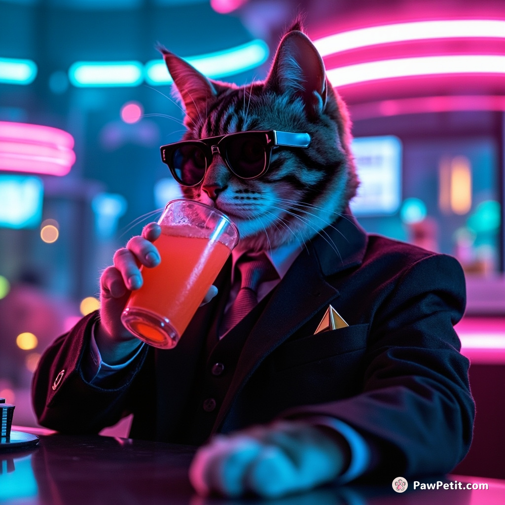 Cyborg cat in a dapper suit, sipping a neon drink at an underwater Martian bar.