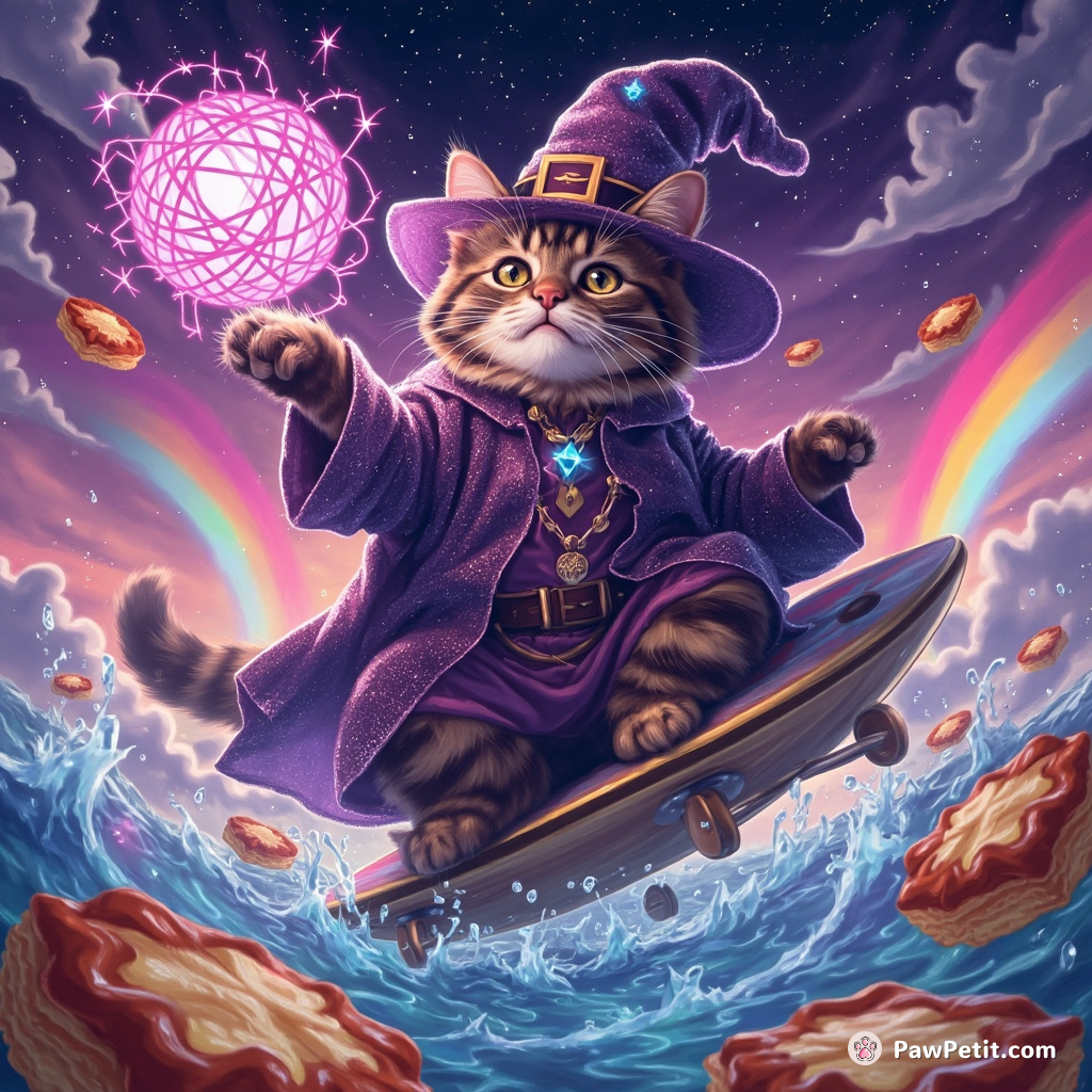 A persistent tabby cat, wearing a sparkling warlock's robe and hat, casting a cosmic yarnball spell atop a hovering surfboard in an ocean of floating lasagnas under neon rainbows.