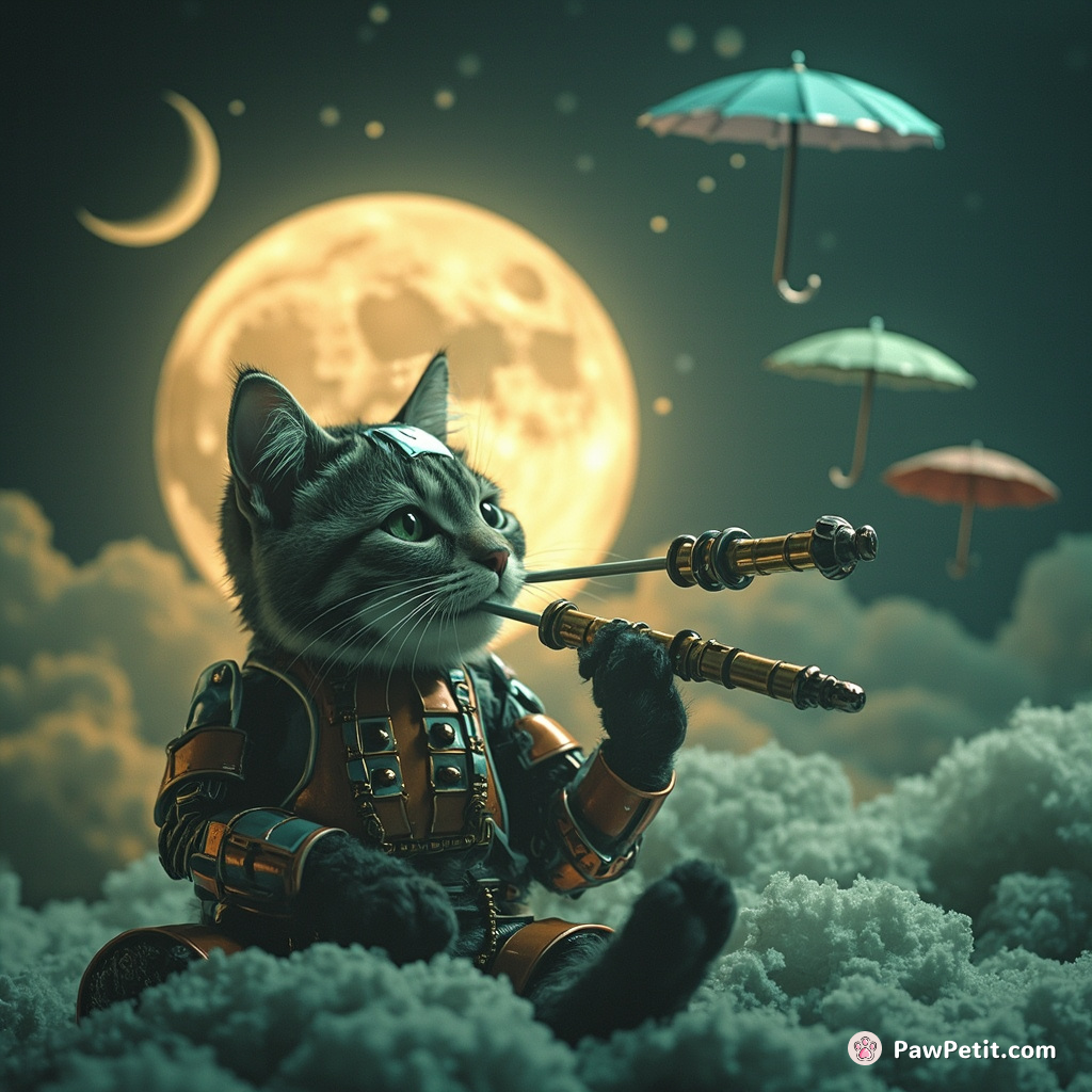 Cyborg cat serenading a surreal moon with bagpipes made of umbrellas.