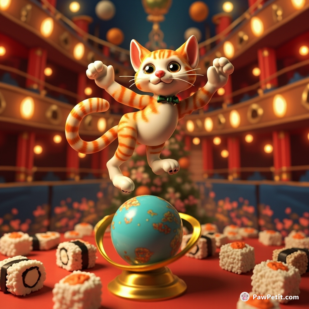 A cat tap-dancing on a spinning globe amidst comets and sushi rolls in an art deco style opera house.