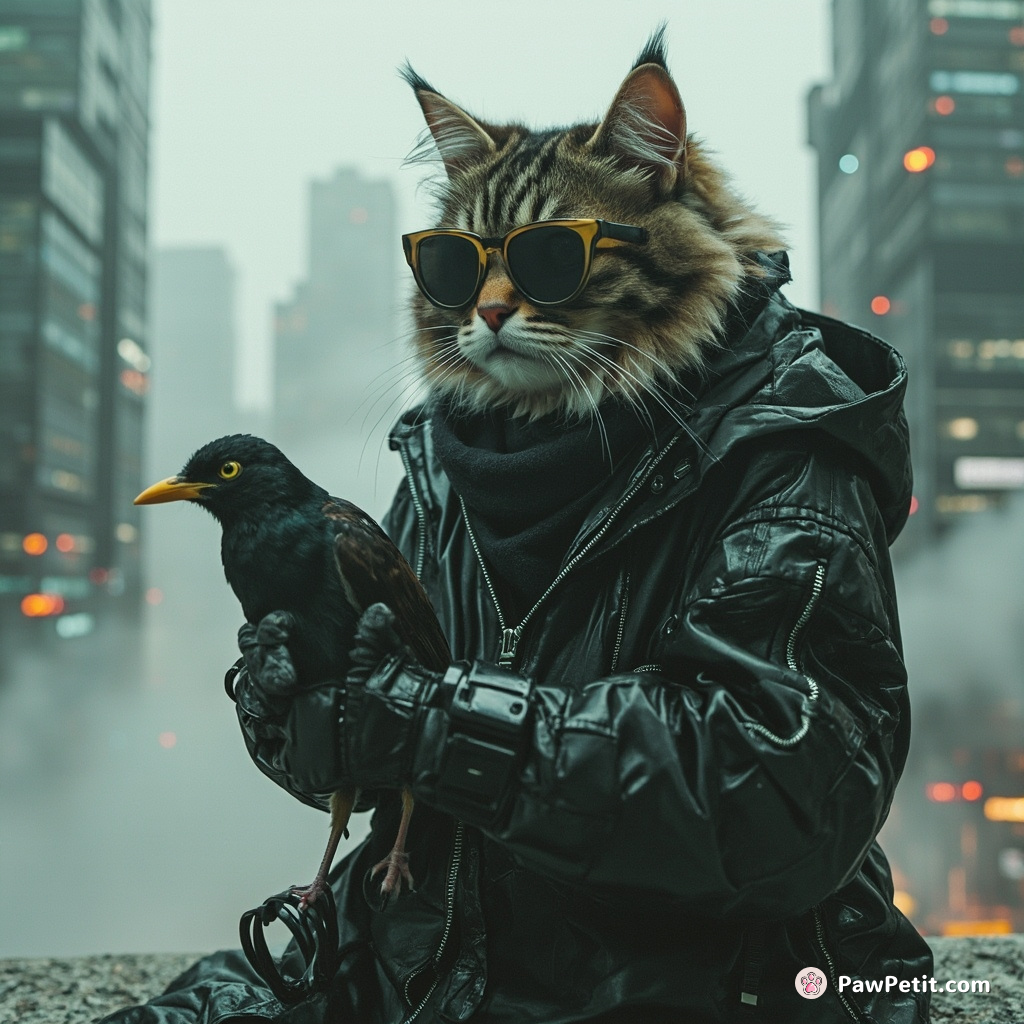 Cyberpunk cat hacker reprograming a digital canary atop misty silicon skyscrapers.