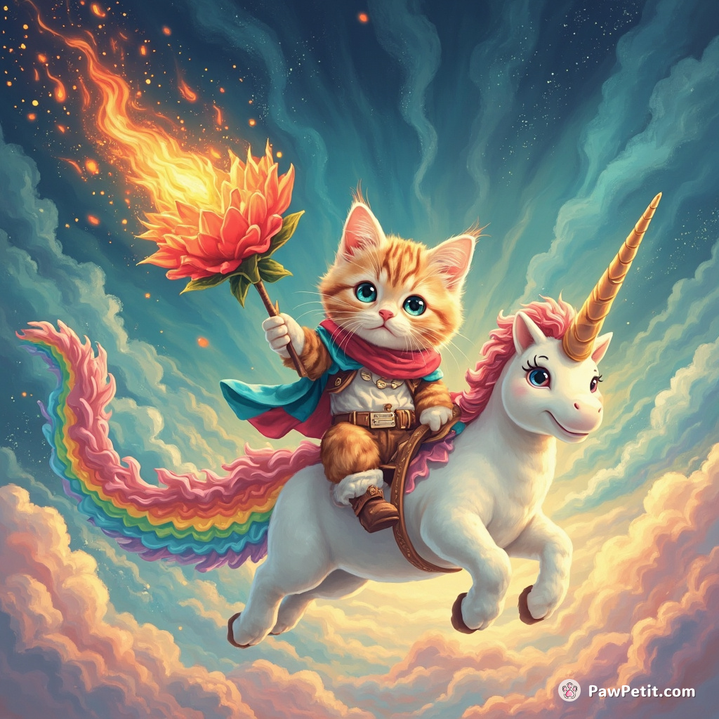 Cat riding a rainbow narwhal across a sky of sparkles, wielding a fire-breathing flower.