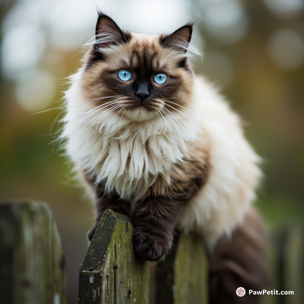 The cat precariously balances on the garden fence, surveying the world like a human.