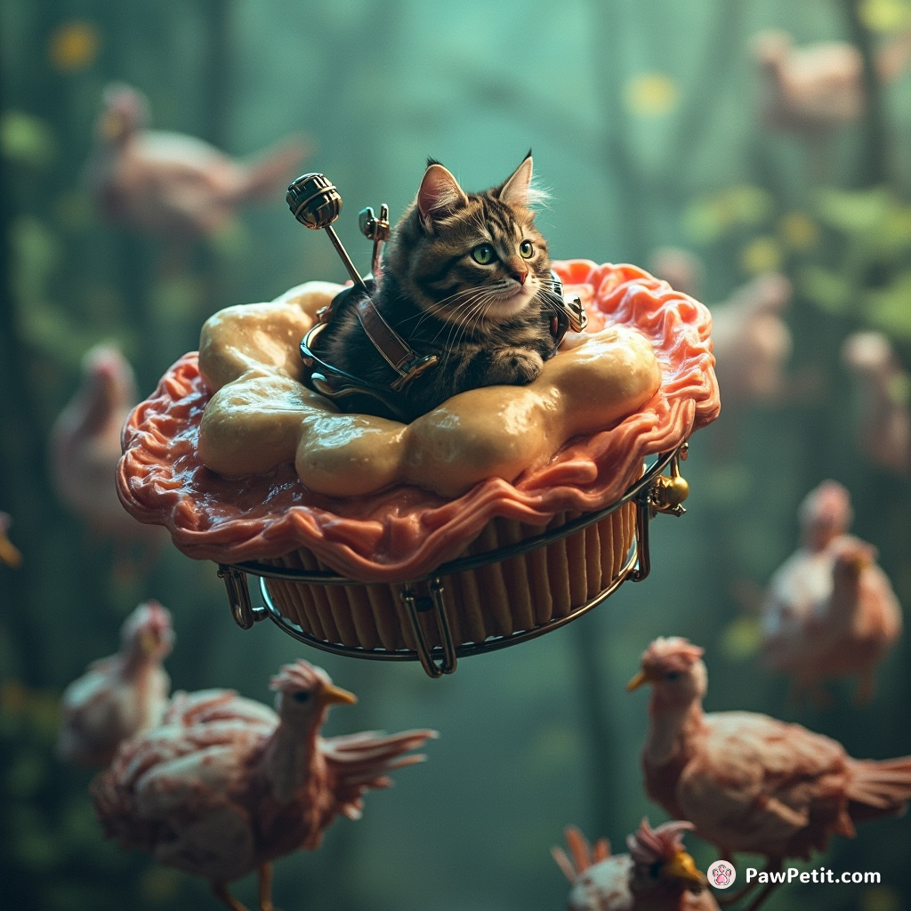 Steampunk cat piloting a cupcake-shaped flying machine over a ham-feathered bird forest.