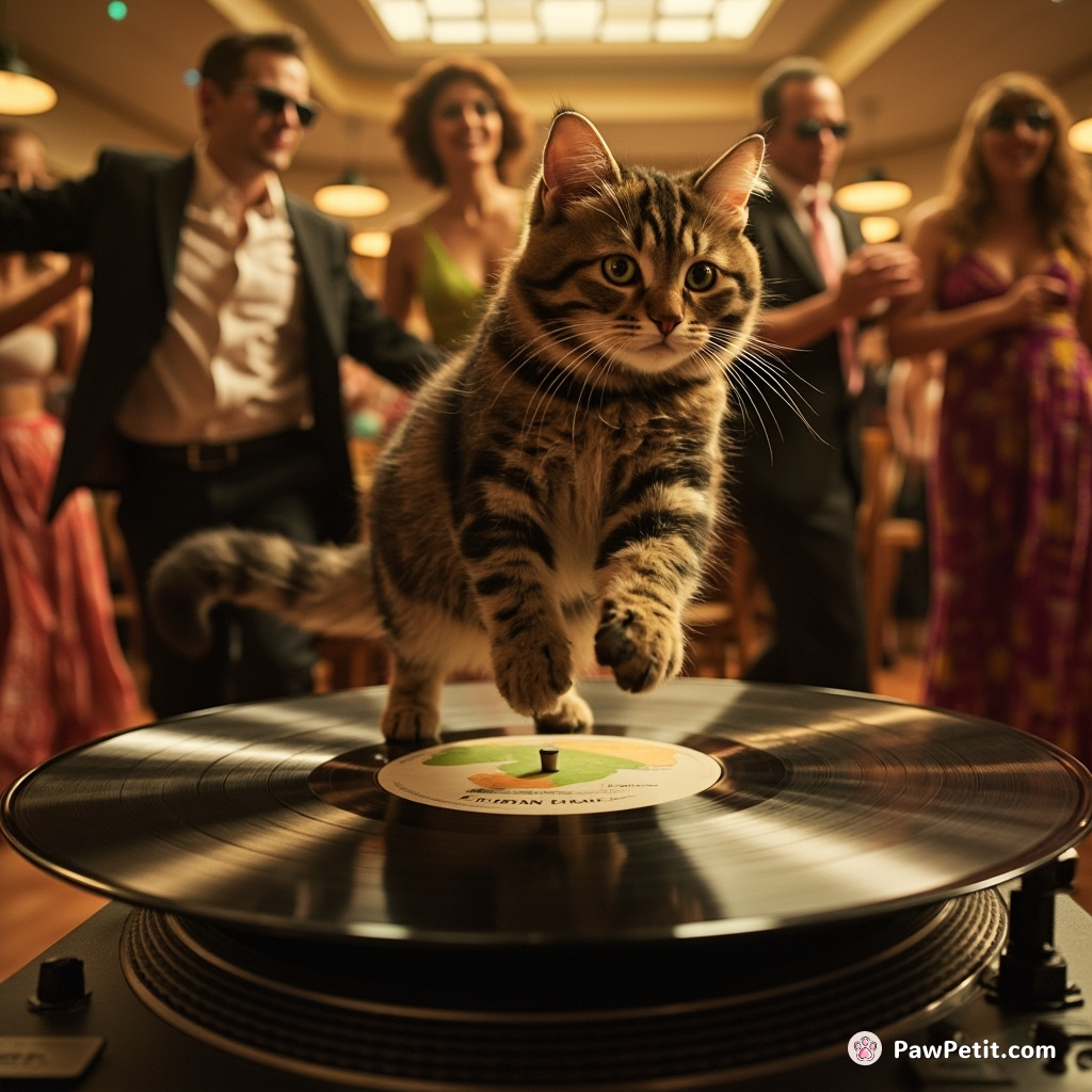 Amid a vigorous salsa dance class, the cat catapults onto the spinning vinyl record, clawing wildly at its motion.