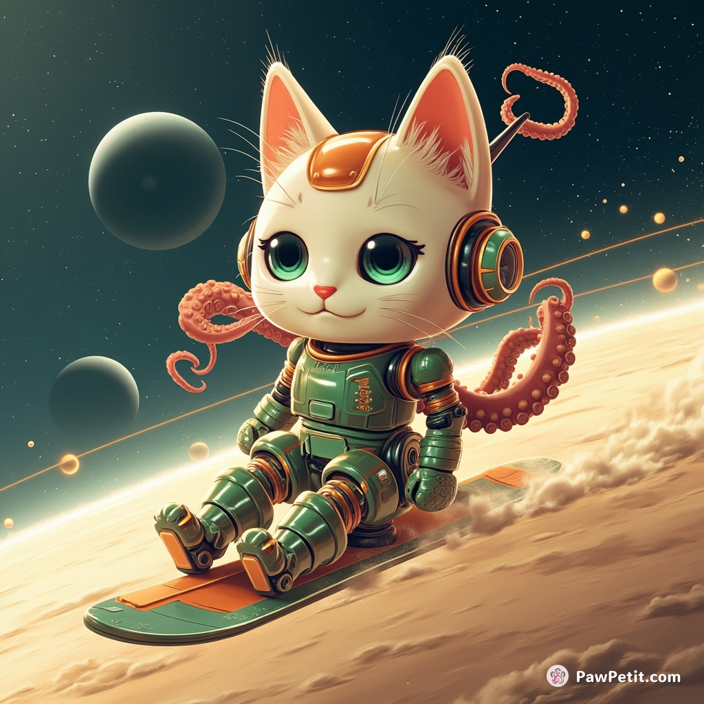 Cyborg cat dust-skiing on the rings of Saturn with octopus tentacles as antennas.