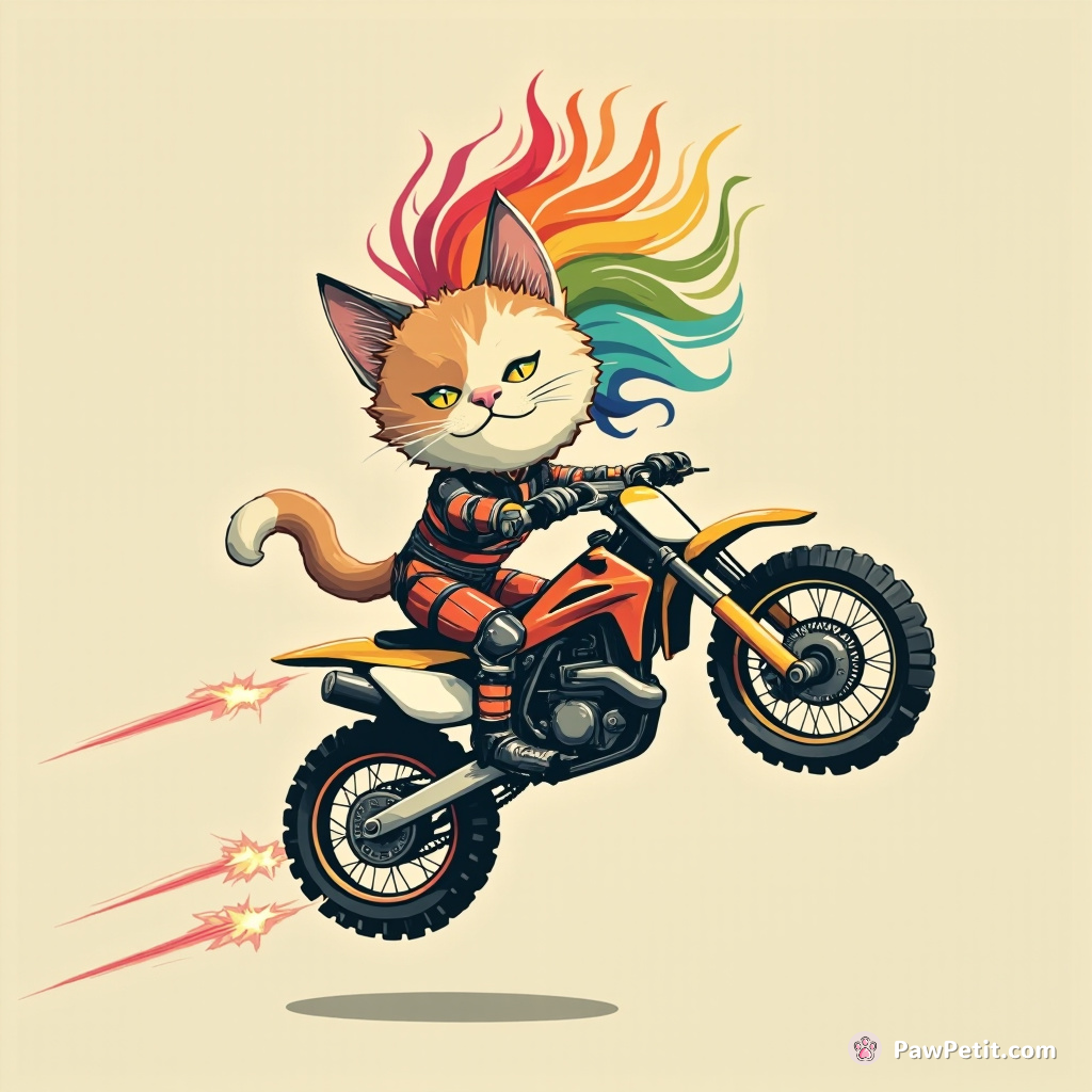 Cyborg cat performing aerial motorcycle jumps, shaving a rainbow mohawk with laser claws.
