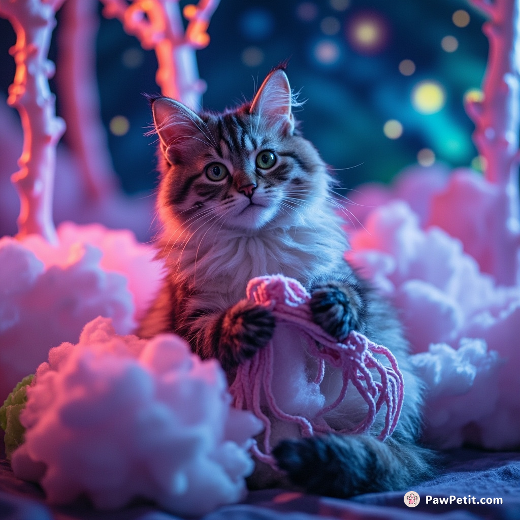 A hyperintelligent space cat, knitting a quantum cotton candy galaxy with its multicolored glow-in-the-dark tails under neon crystal trees.