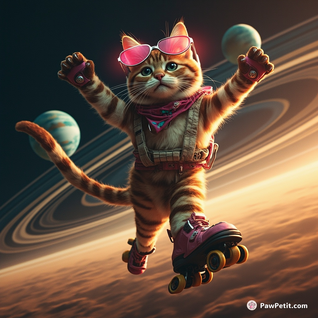 Giant retro space cat doing roller disco on the rings of Saturn.