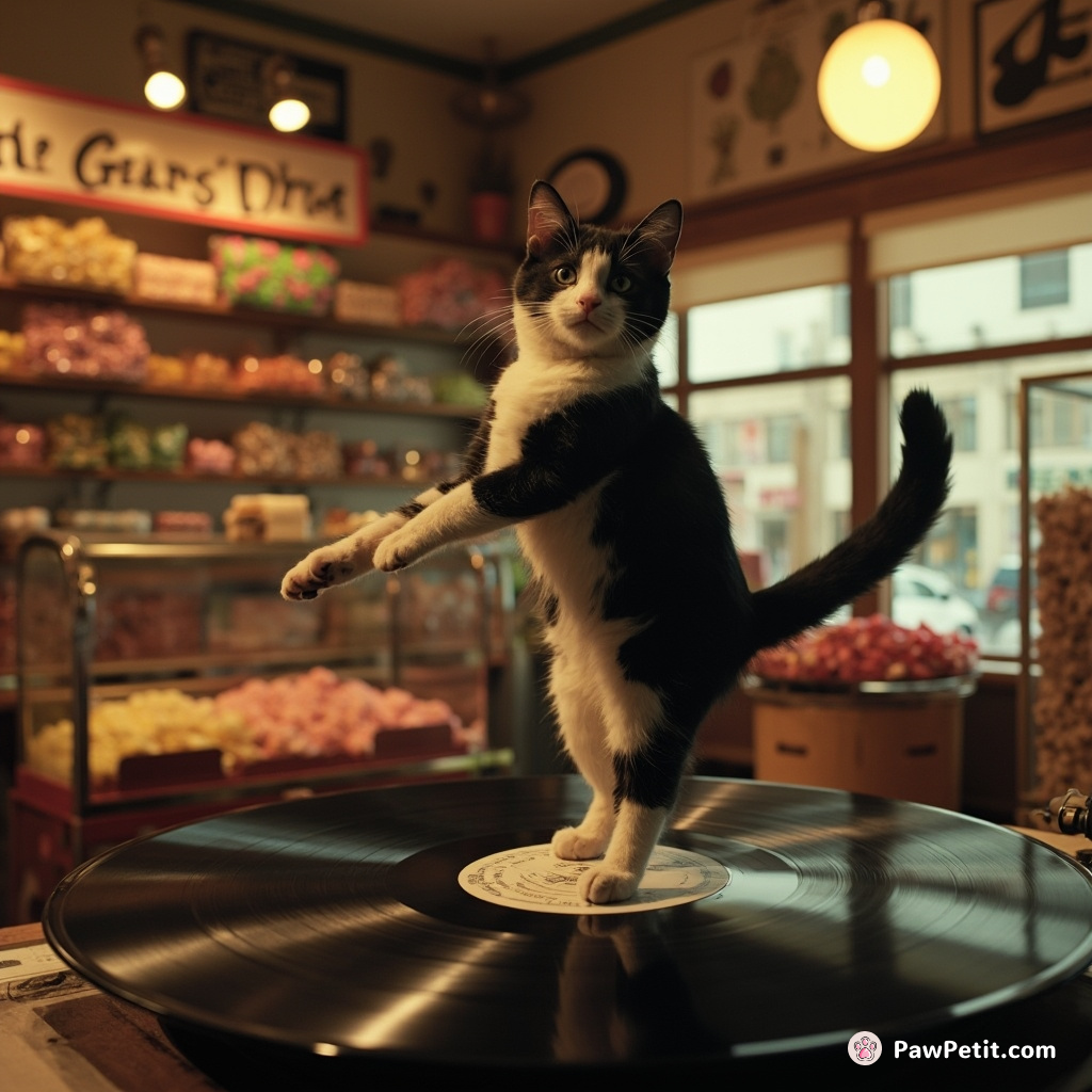 A tuxedo cat doing a grand pirouette on top of a spinning vinyl record in an old candy shop.