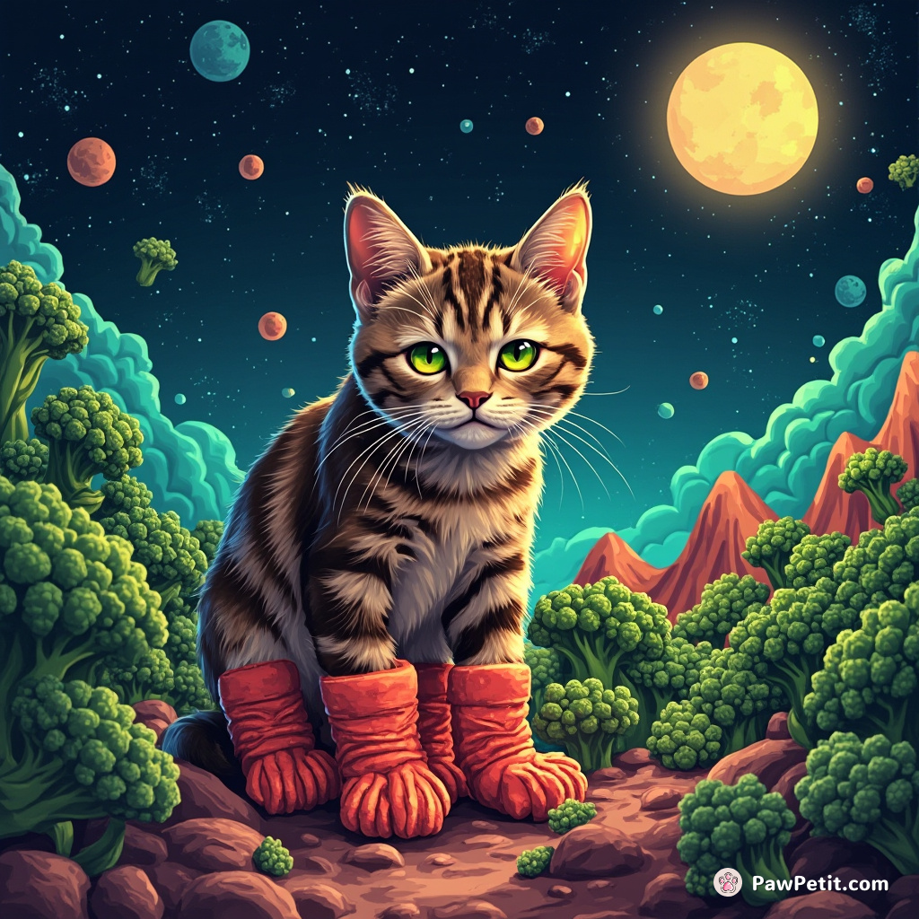 A grumpy neon cat weeding a broccoli forest on Mars with plushy lobster moon boots.