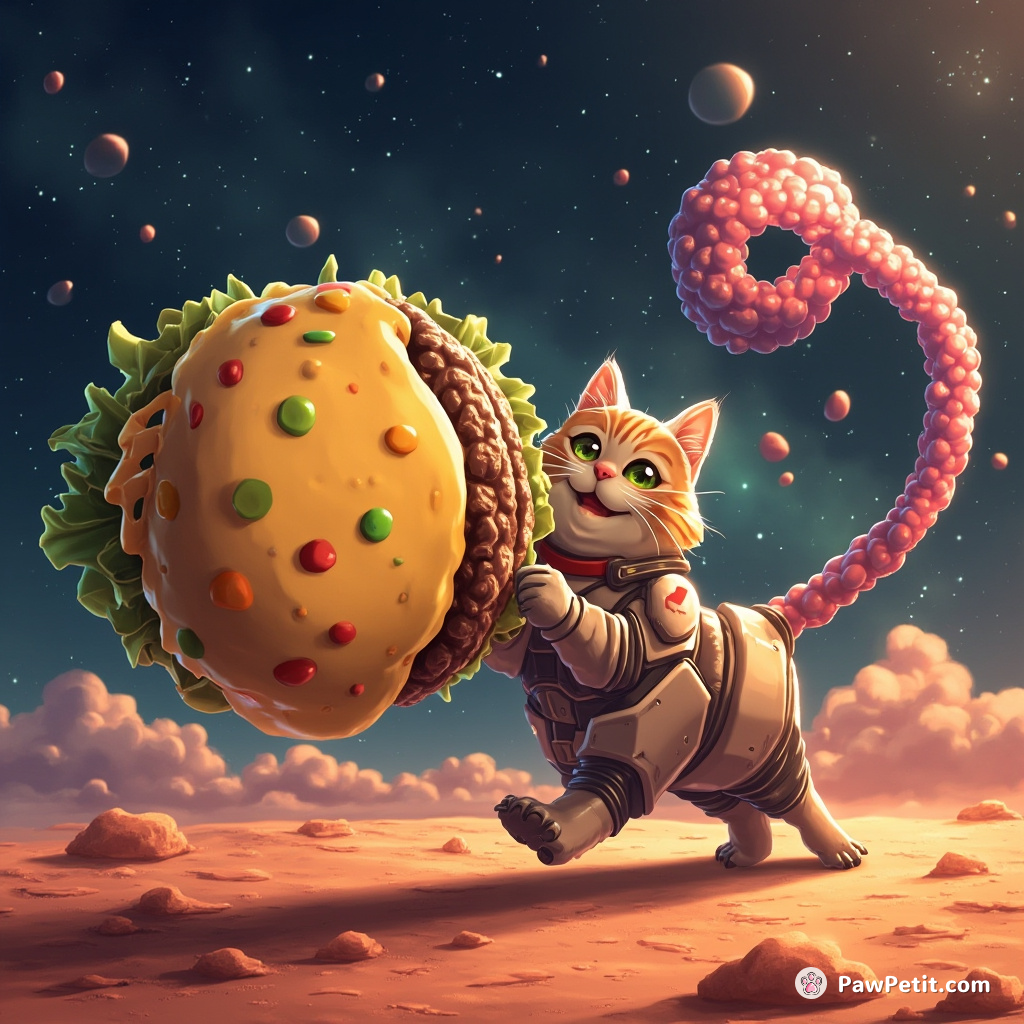 A cosmic cat attempting to catapult a colossal cheeseburger using its swirly galaxy tail on Mars.