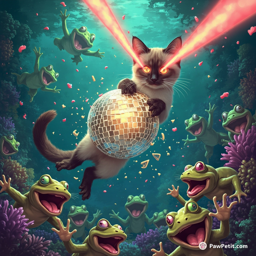 A Siamese cat shooting lasers out of its eyes, shattering a disco ball at a euphoria-filled amphibian rave party underwater.