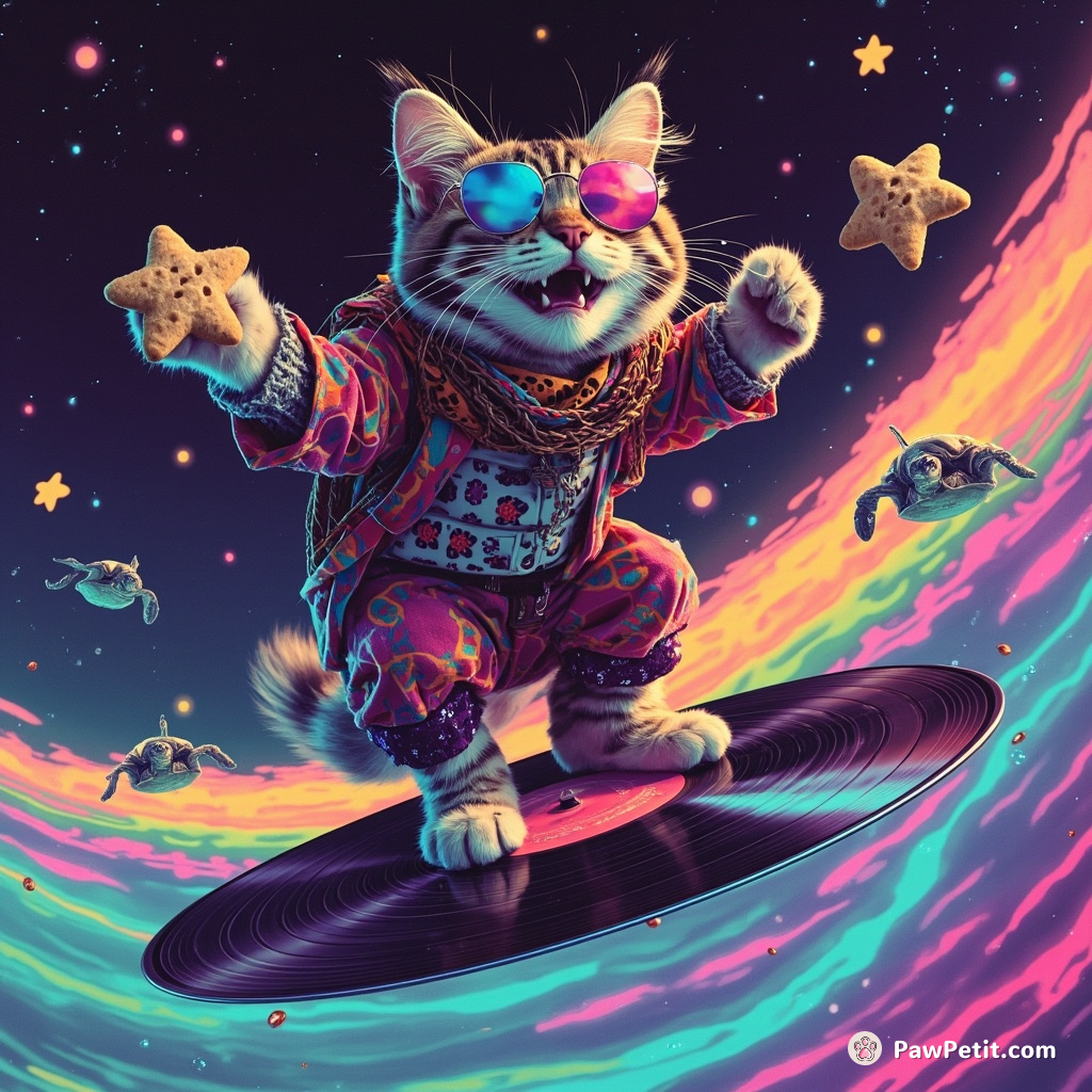 A grinning bohemian cat surfing on a vinyl record over a swirling rainbow galaxy, tossing star-shaped cookies to alien sea turtles.