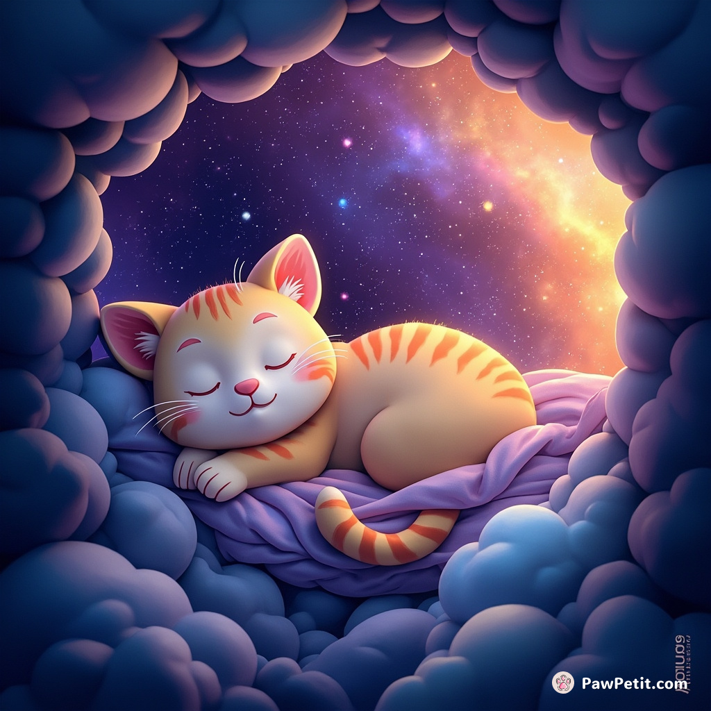 Giant cat peacefully napping on the moon's crater, using a multi-hued nebula as a dreamy duvet.