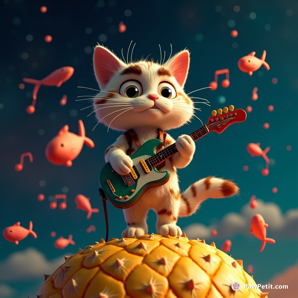 Cat strumming an electric guitar with fish-shaped notes flying out, standing on top of a giant pineapple in outer space.