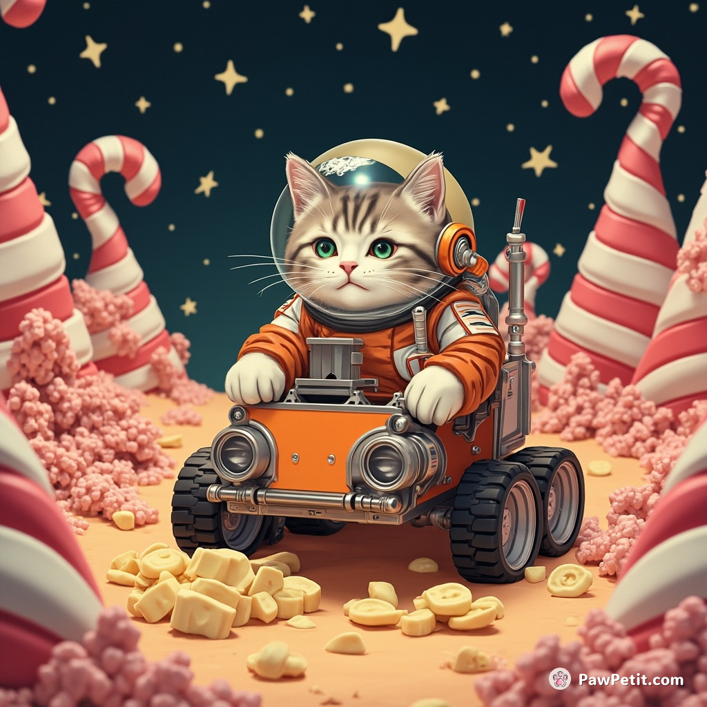 A space cat in a miniature mars rover furiously digging moon cheese from a star-filled candy cane forest.