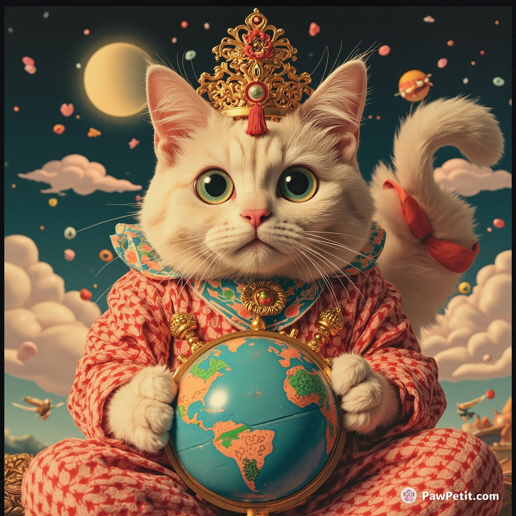 The Grand Purrmeister clutches the Globe of Commandment, decreeing perpetual caturday, disrupting human routines throughout the globe.