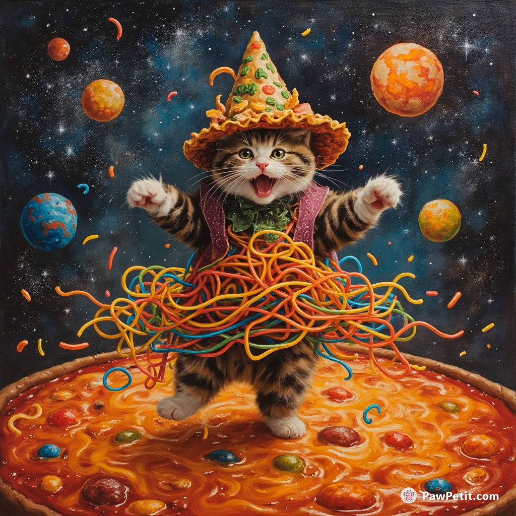 Cat performing a joyful moonwalk on multicolored spaghetti strands suspended amidst a celestial soup realm, with galaxy-flavored nacho hats.
