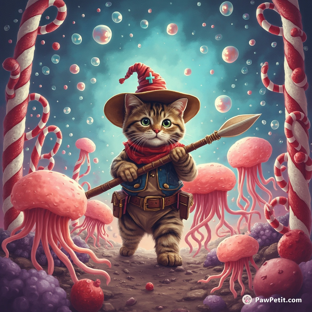 Cowboy cat herding jellyfish in a candy cane forest under an octopus-bubble filled sky.