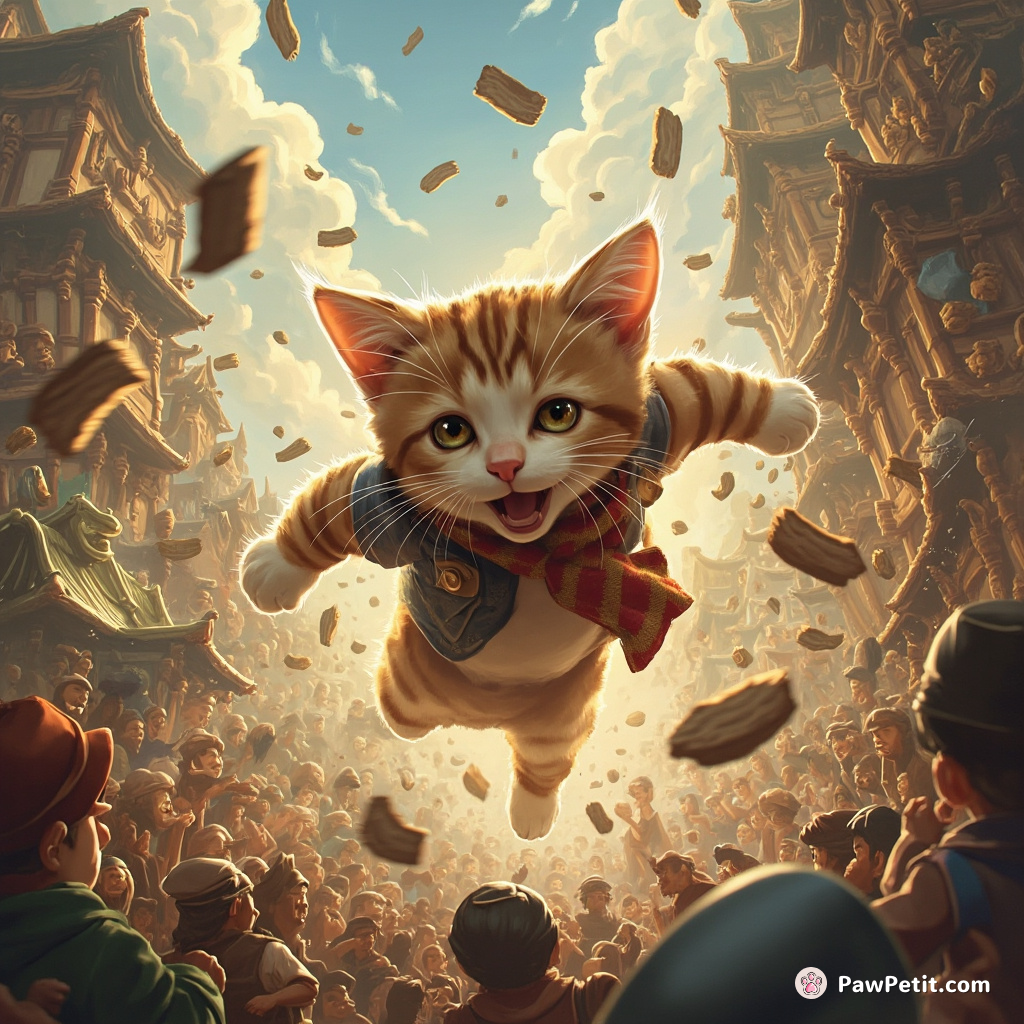 Cat leaps, darts, narrowly dodging chaos as it seeks escape from the human commotion.