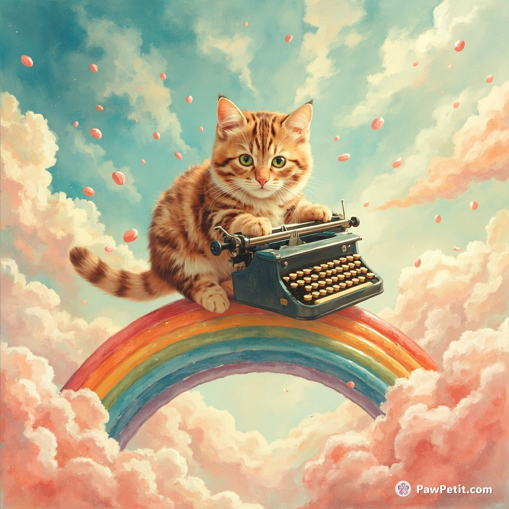 Giant cat balancing on a swirling rainbow, feverishly typing with ferocious speed at an atomic typewriter floating amidst candy clouds.
