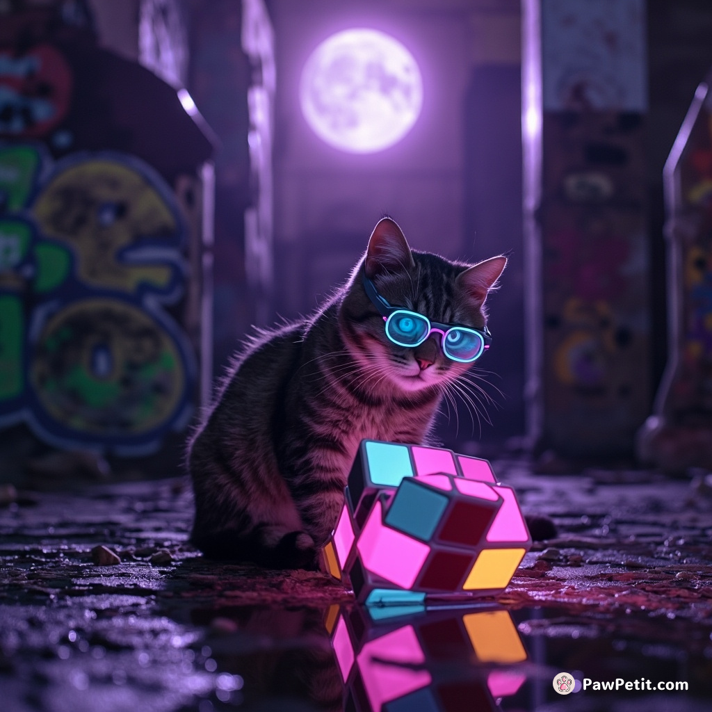 GroudStartup: A smart alley cat solving a neon Rubik's cube while wearing cyberpunk glasses in an abandoned, graffiti-covered warehouse tingling under the glow of a lavender moon.