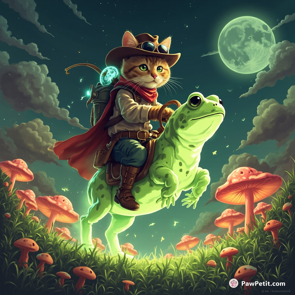 Sci-fi cowboy cat riding a glowing leap-frog across radioactive toadstools in an alien meadow.