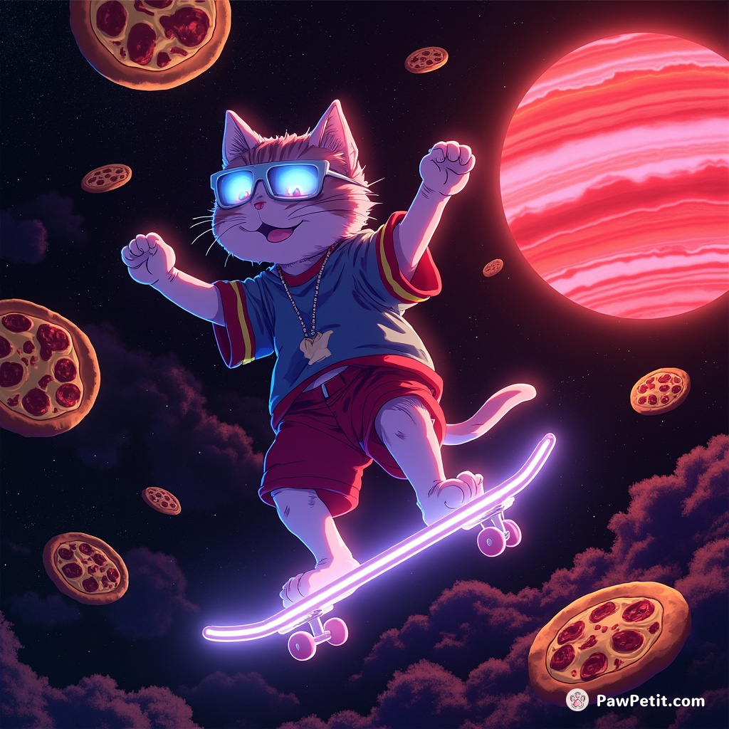 A neon-glowing cat skateboarding over Jupiter's red spot, while pizzas float around.