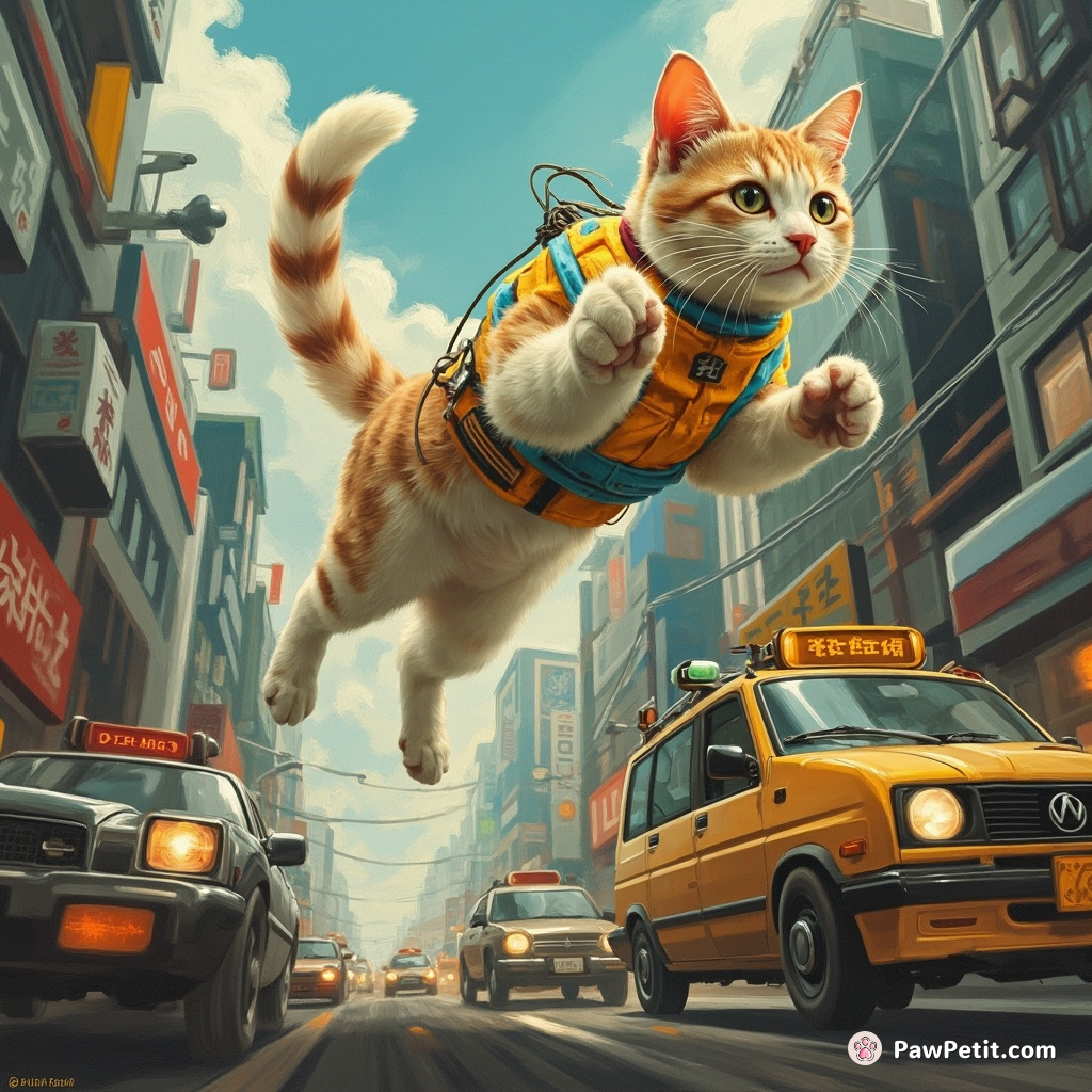 Nano-tailed, Aura the cat skillfully weaves through hovercraft traffic in Neo-Tokyo, defying gravity with her anti-gravitational leap.