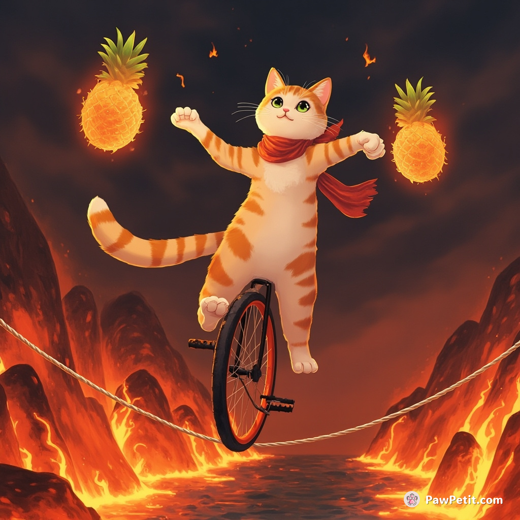 Cat riding a unicycle on tightrope over a molten lava river, juggling flaming pineapples.