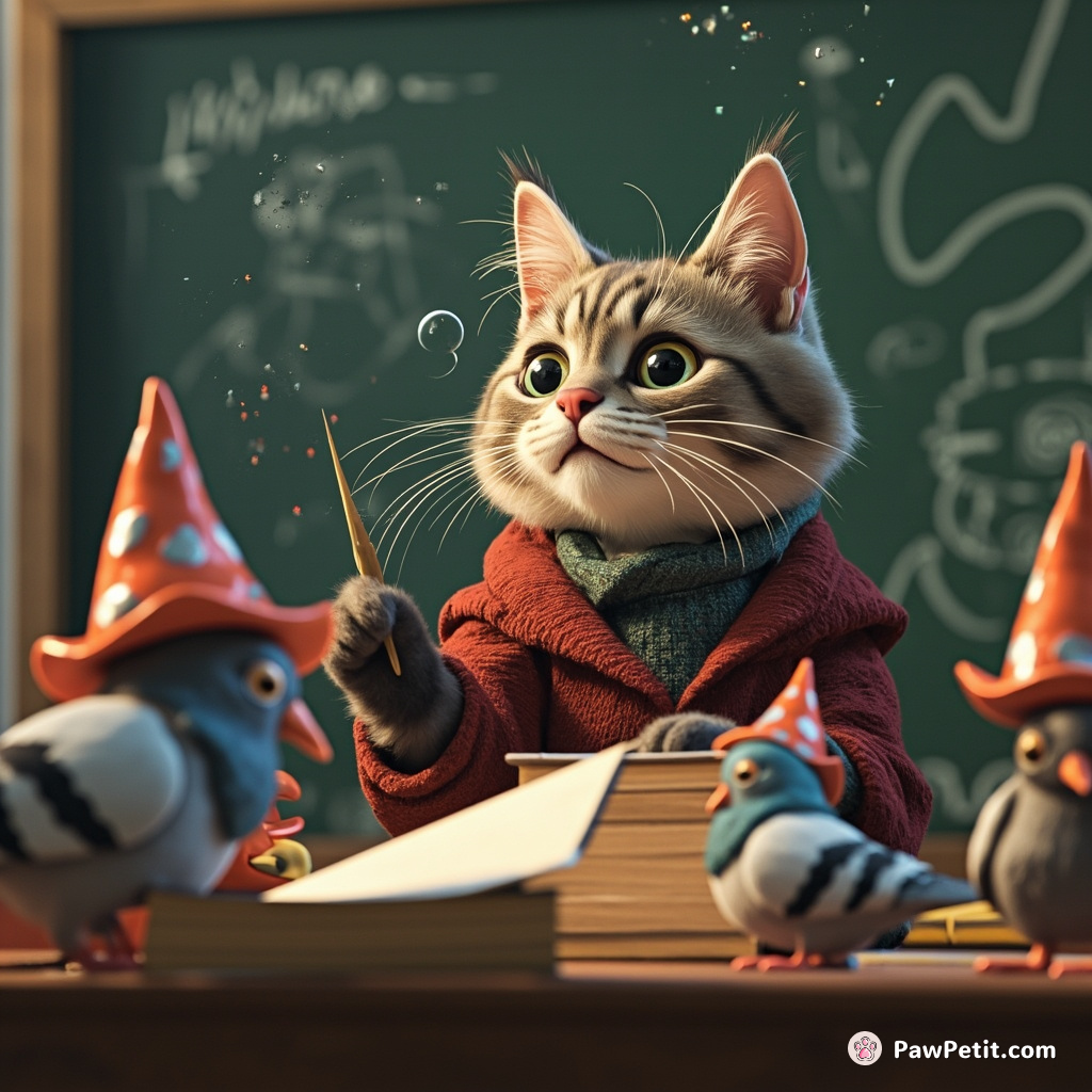 Cat teaching a university class on string theory to pigeons in wizard hats.
