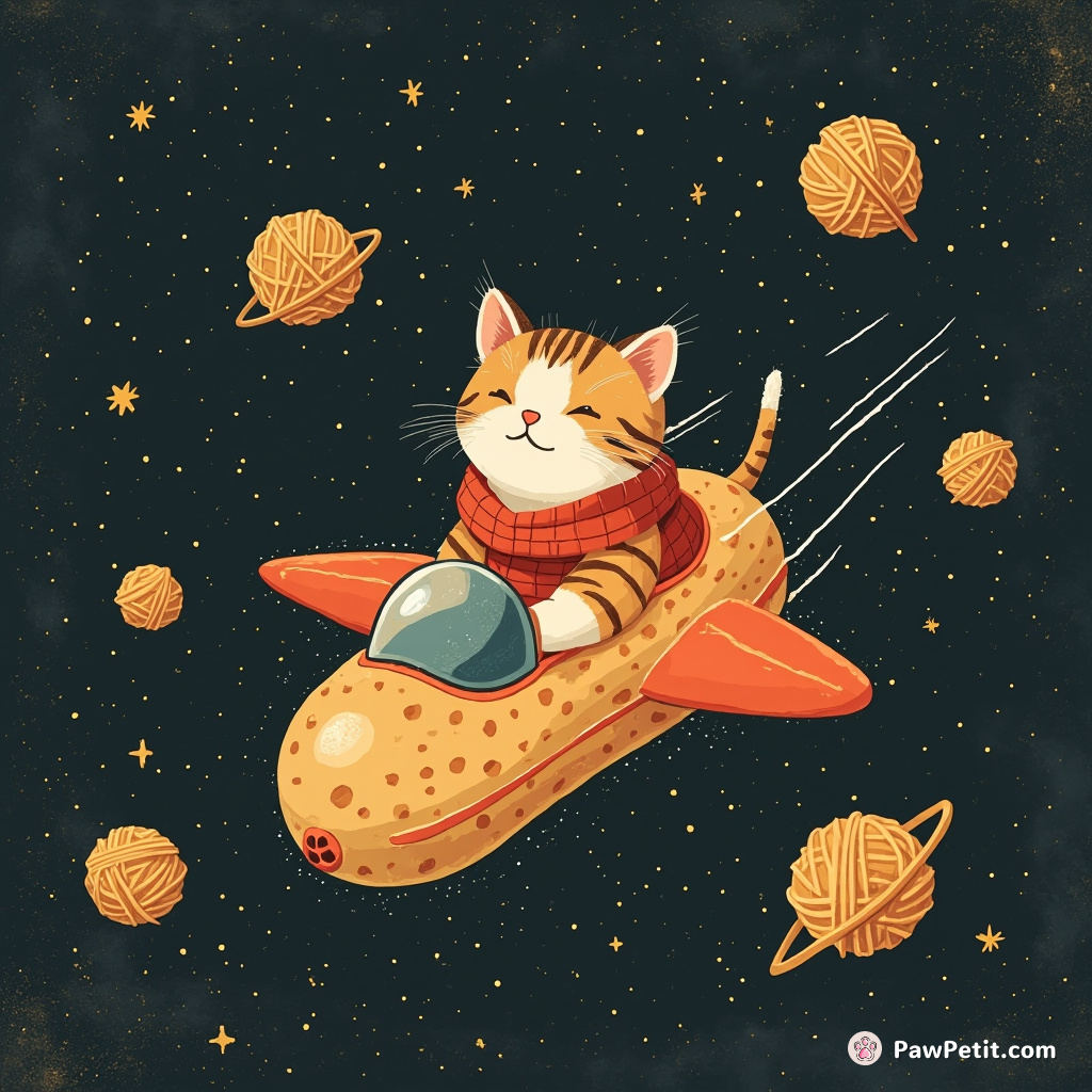 Cat piloting a peanut-shaped spaceship through a cosmic field of yarn balls.