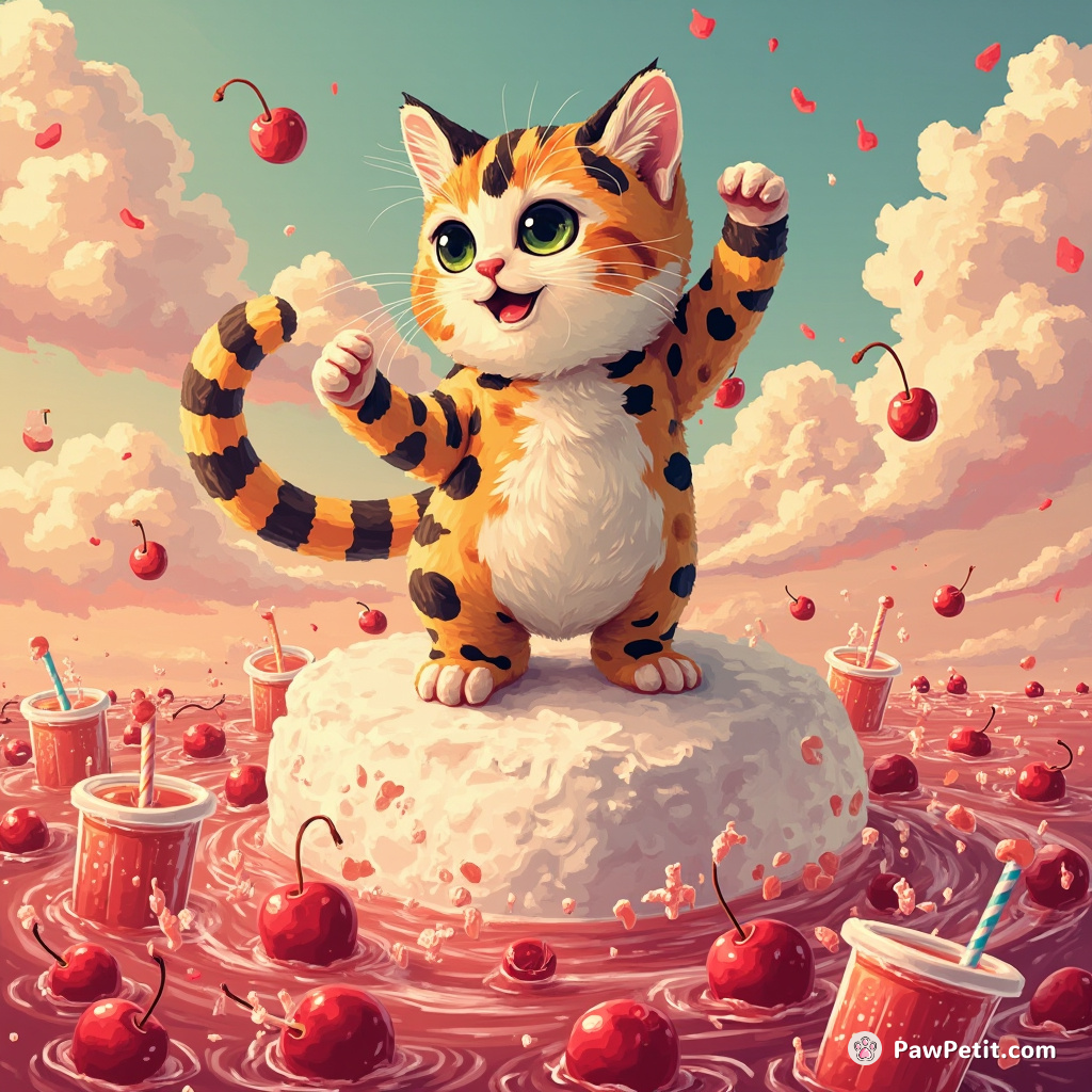 A polka-dotted cat performing a swirling dance atop a toasted marshmallow floating over an ocean of cherry-flavored soft drinks.