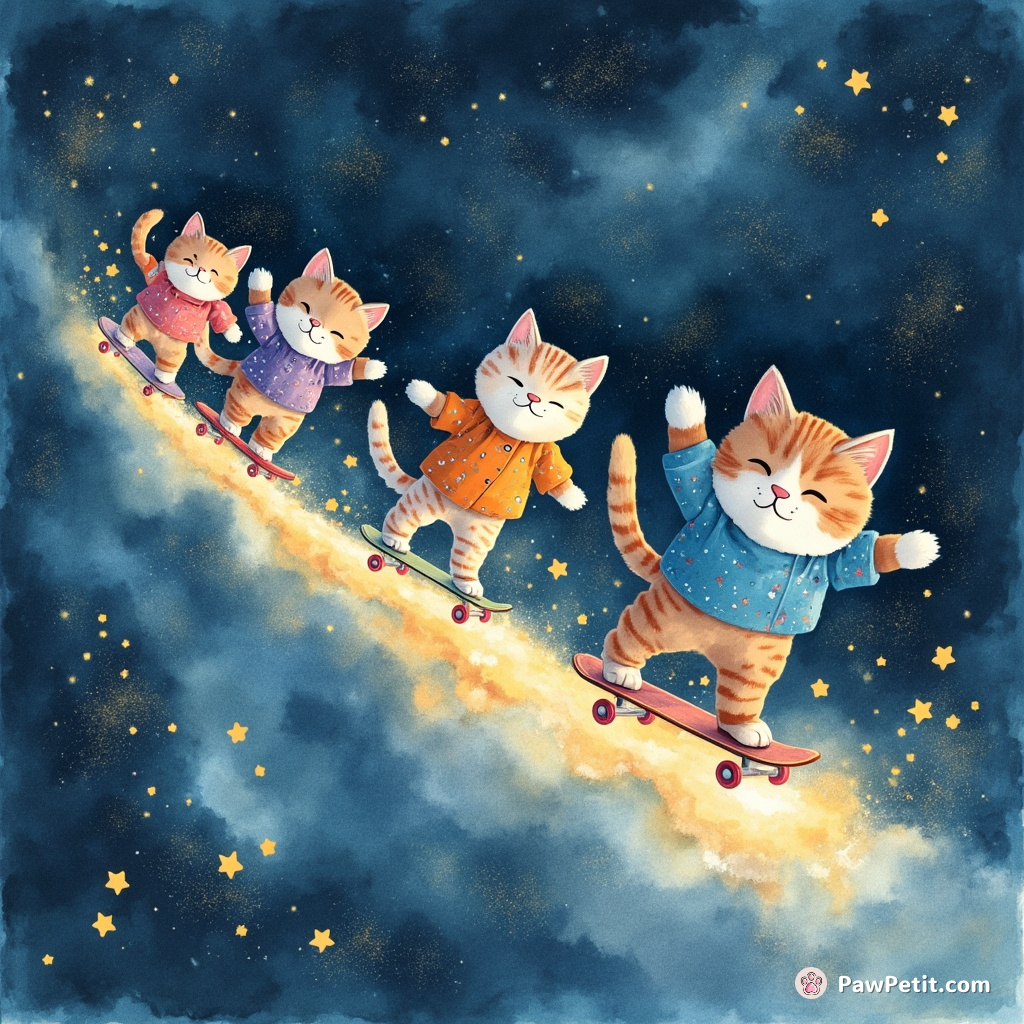 A gang of anthropomorphic cats skateboarding on a stream of starlight, pulling galaxy-coated tricks in the nebula-lit night sky.